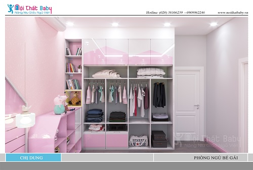 Thiết kế tủ áo màu hồng dễ thương cho bé gái BBTA50